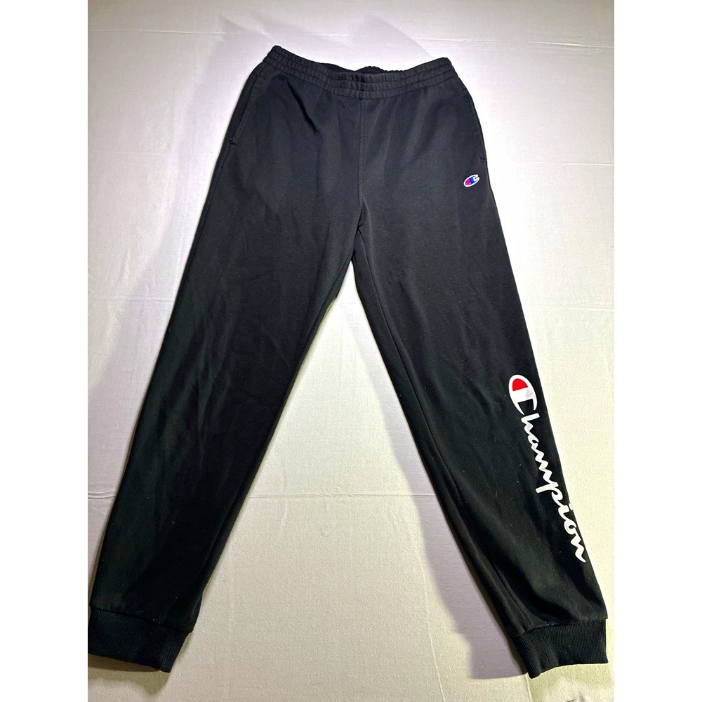 Champion Men's Black Logo Fleece Jogger Sweatpants L Elastic Waist Tapered